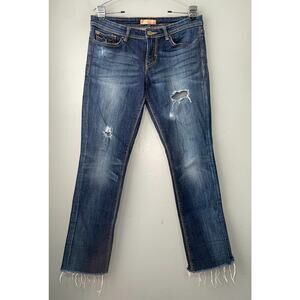 Mek USA Dnm Jeans Womens Size 30 Dark Blue Denim Distressed Whiskered Raw Hem